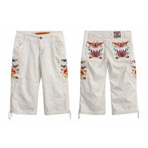 People for Peace White Embroidered Capri Jeans Cargo Pockets Size 31